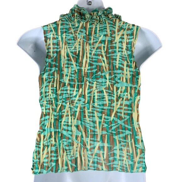 Jaipur Size Medium Tank Top Ruffled Neckline Crinkle Shirt Blue Green Brown - Picture 2 of 4